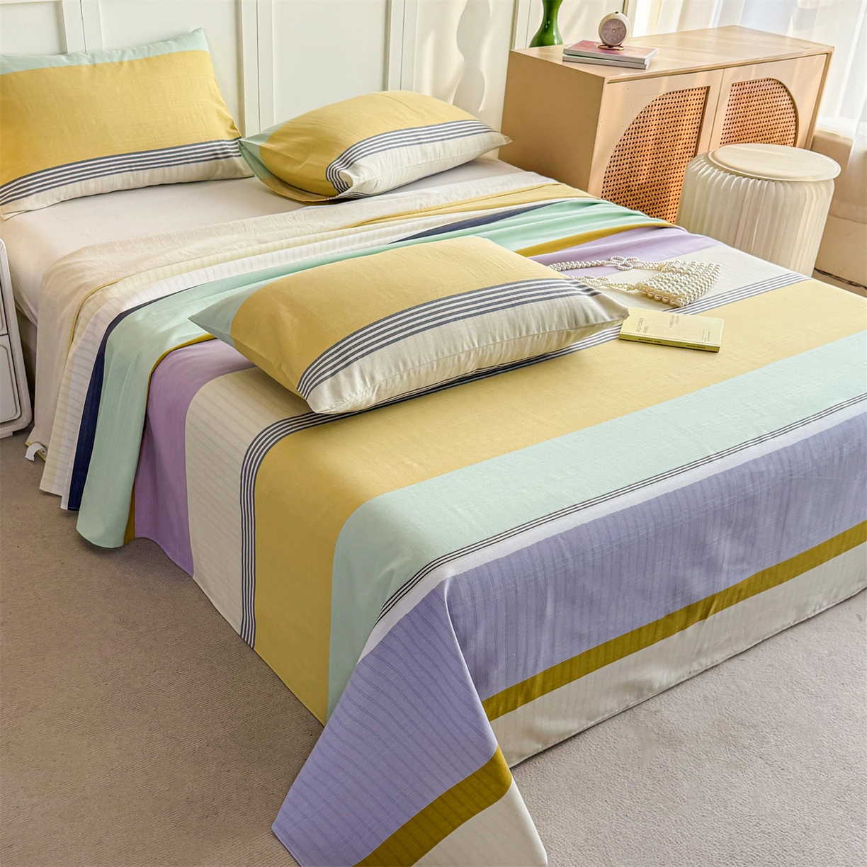 91家纺网 家纺一手货源 找家纺 晨晨家纺 2026新款原棉老粗布床单席子凉席三件套 条格时代