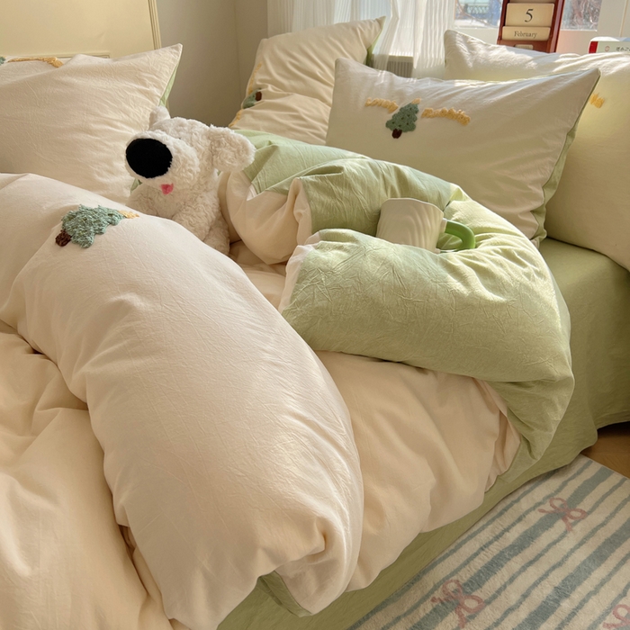 91家纺网 家纺一手货源 找家纺 慕尚家纺 2026春夏新款色织水洗棉毛巾绣四件套 圣诞树 绿