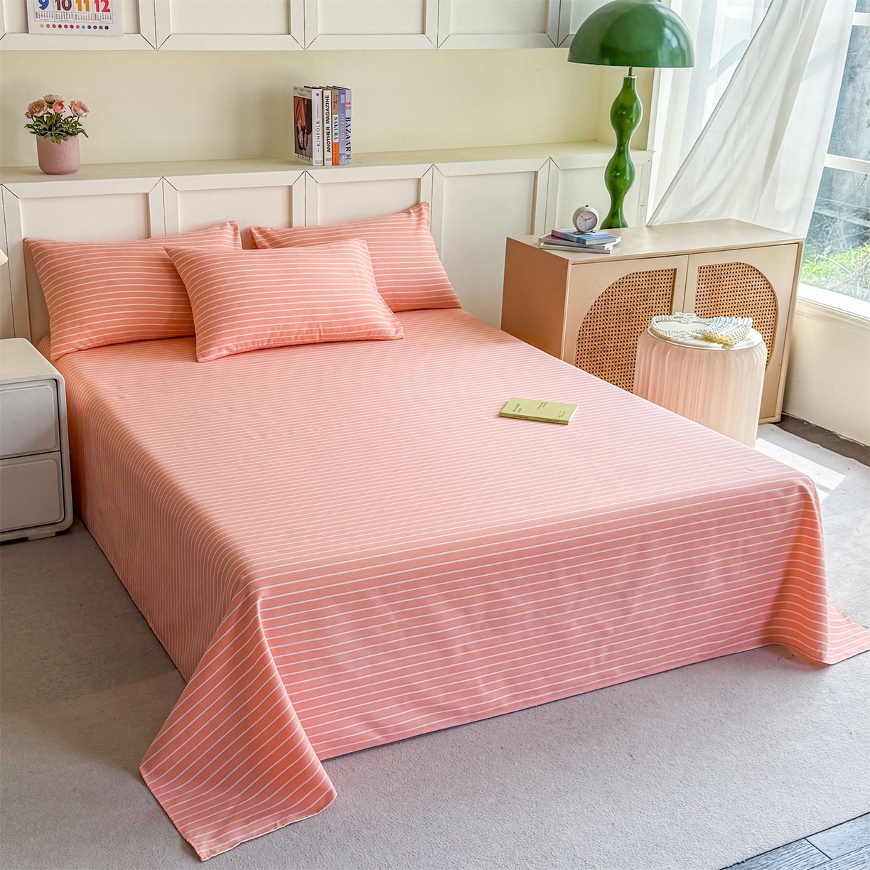 91家纺网 家纺一手货源 找家纺 晨晨家纺 2026新款原棉老粗布床单席子凉席三件套 淡雅粉