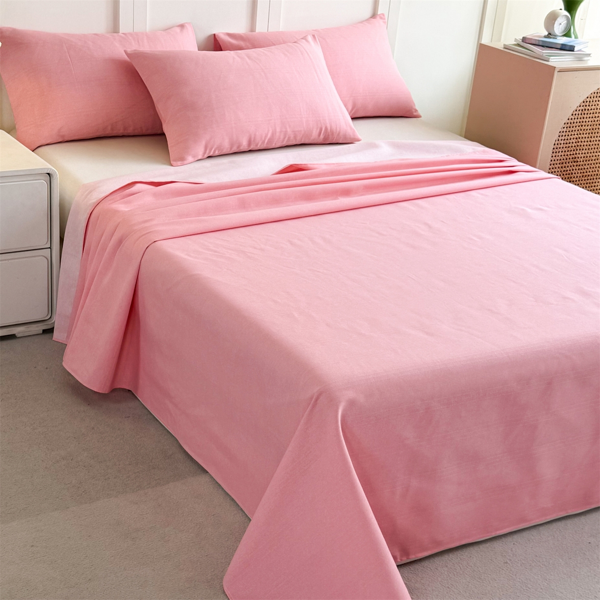 91家纺网 家纺一手货源 找家纺 晨晨家纺 2026新款原棉老粗布床单席子凉席三件套 桃粉