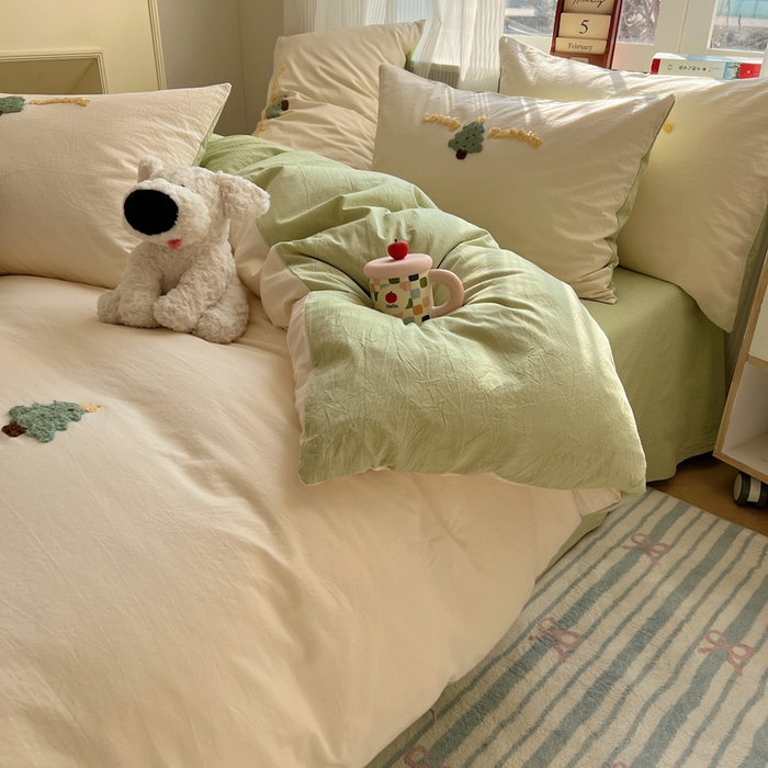 91家纺网 家纺一手货源 找家纺 慕尚家纺 2026春夏新款色织水洗棉毛巾绣四件套 圣诞树 绿