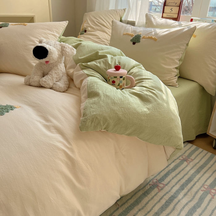 91家纺网 家纺一手货源 找家纺 慕尚家纺 2026春夏新款色织水洗棉毛巾绣四件套 圣诞树 绿