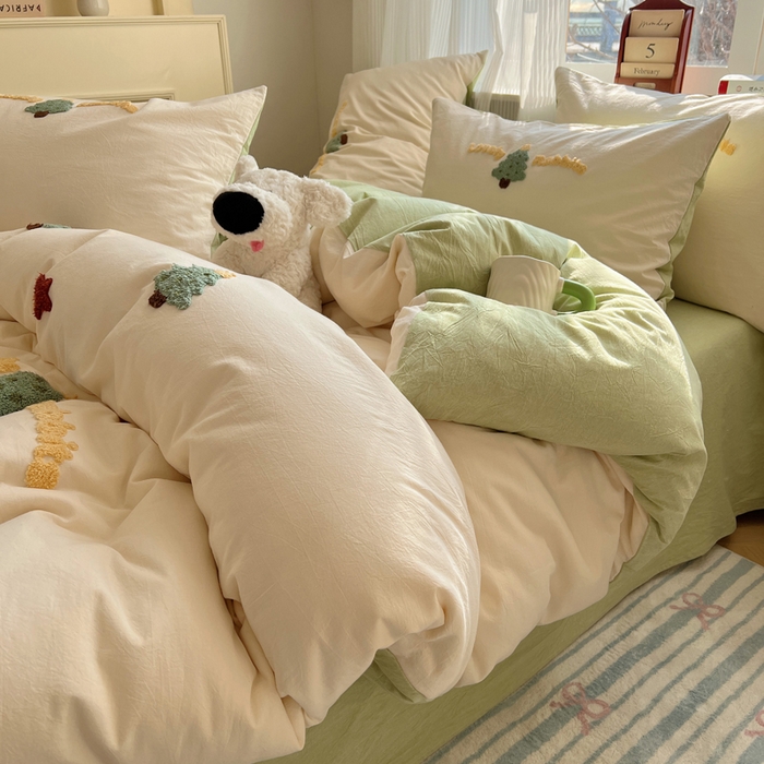 91家纺网 家纺一手货源 找家纺 慕尚家纺 2026春夏新款色织水洗棉毛巾绣四件套 圣诞树 绿