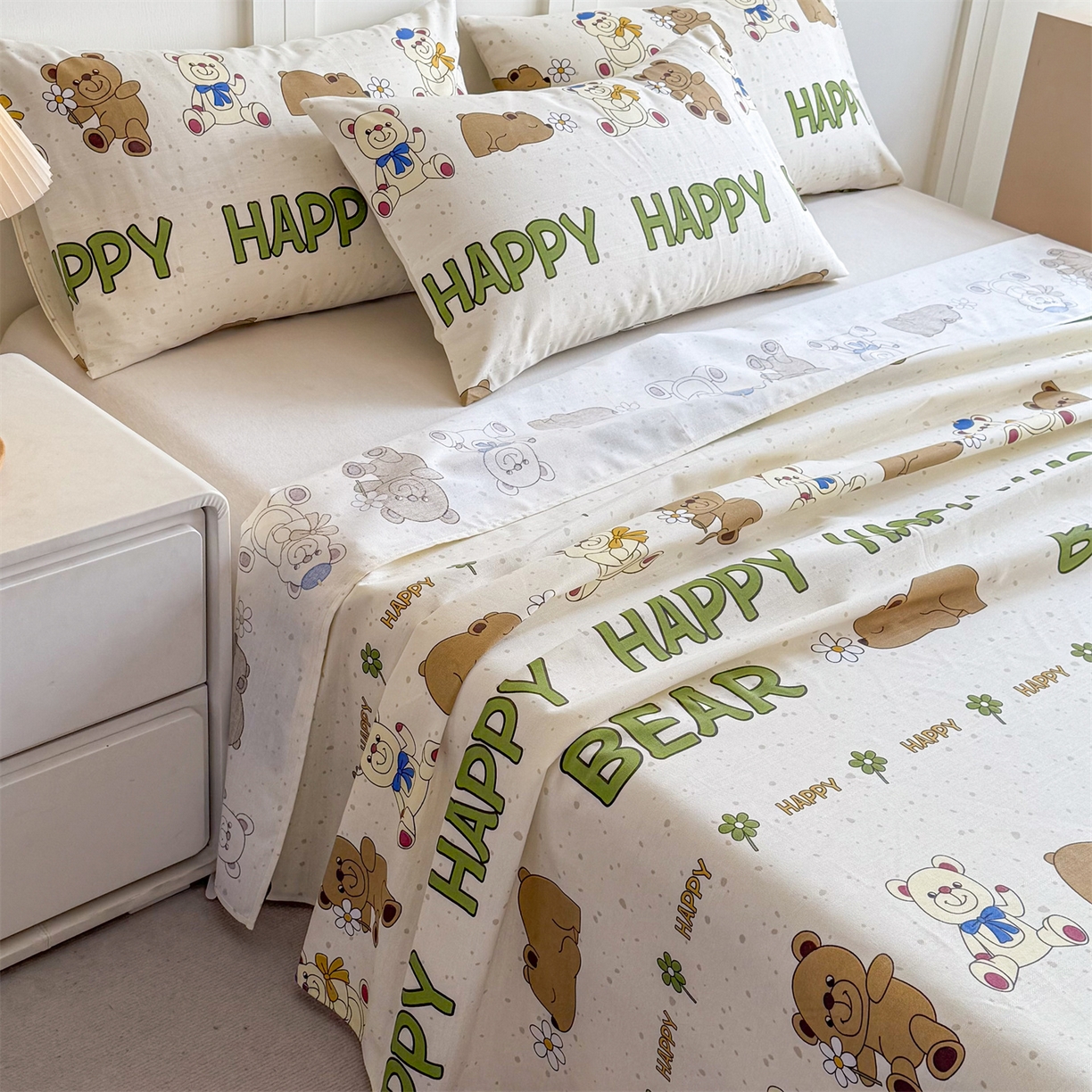 91家纺网 家纺一手货源 找家纺 晨晨家纺 2026新款原棉老粗布床单席子凉席三件套 happy熊