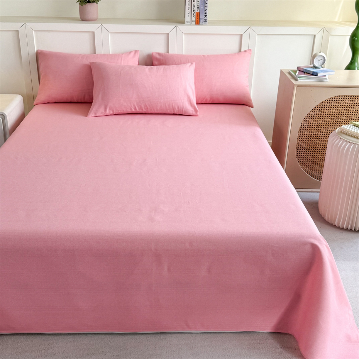 91家纺网 家纺一手货源 找家纺 晨晨家纺 2026新款原棉老粗布床单席子凉席三件套 桃粉