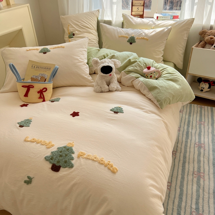 91家纺网 家纺一手货源 找家纺 慕尚家纺 2026春夏新款色织水洗棉毛巾绣四件套 圣诞树 绿