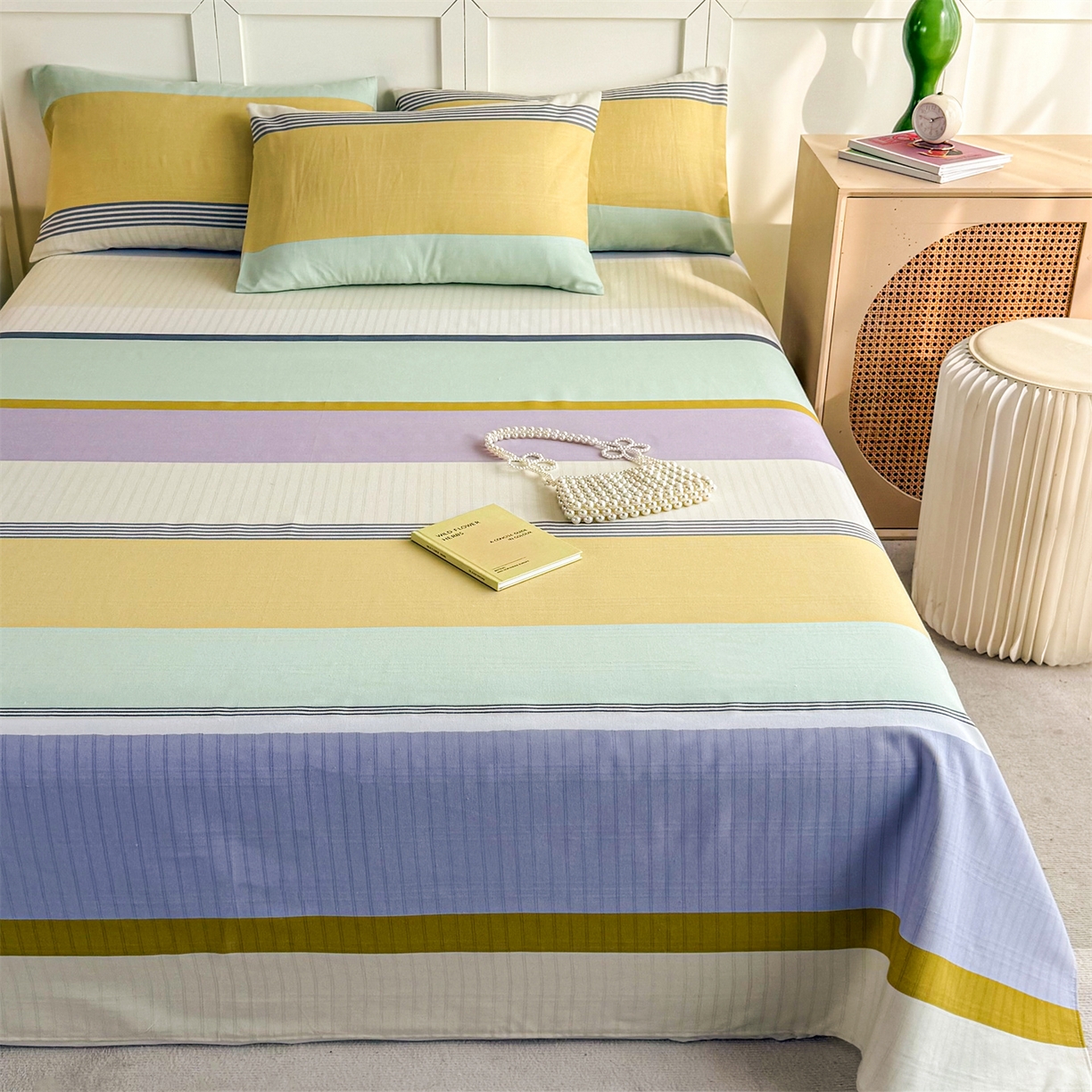 91家纺网 家纺一手货源 找家纺 晨晨家纺 2026新款原棉老粗布床单席子凉席三件套 条格时代