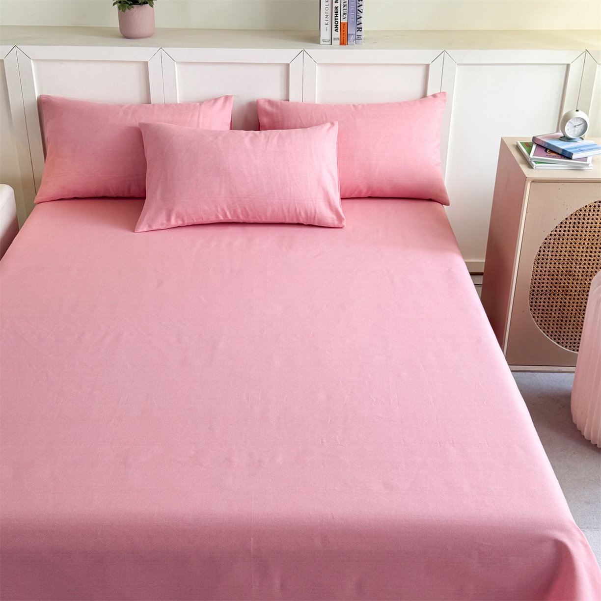 91家纺网 家纺一手货源 找家纺 晨晨家纺 2026新款原棉老粗布床单席子凉席三件套 桃粉