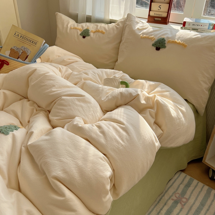 91家纺网 家纺一手货源 找家纺 慕尚家纺 2026春夏新款色织水洗棉毛巾绣四件套 圣诞树 绿