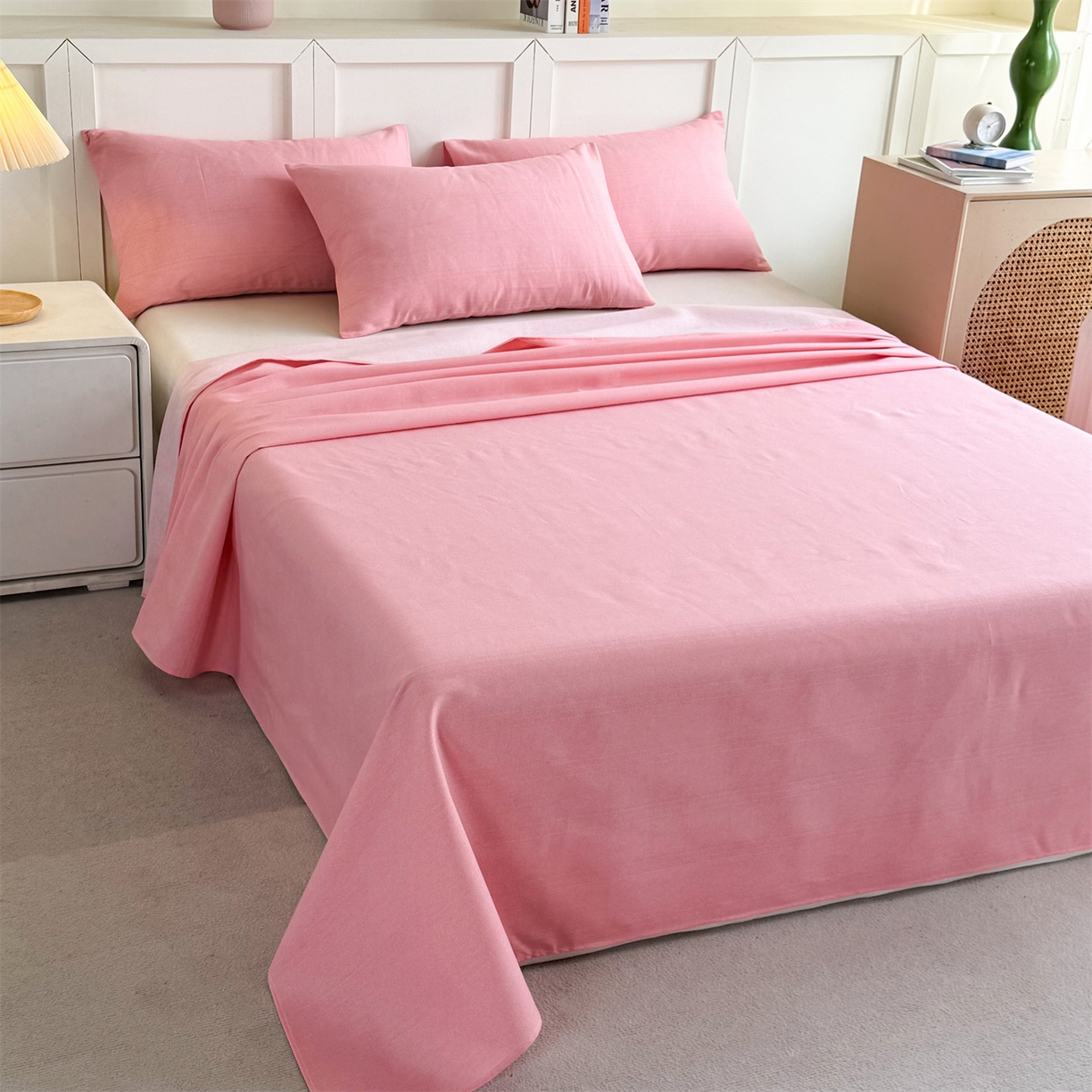 91家纺网 家纺一手货源 找家纺 晨晨家纺 2026新款原棉老粗布床单席子凉席三件套 桃粉