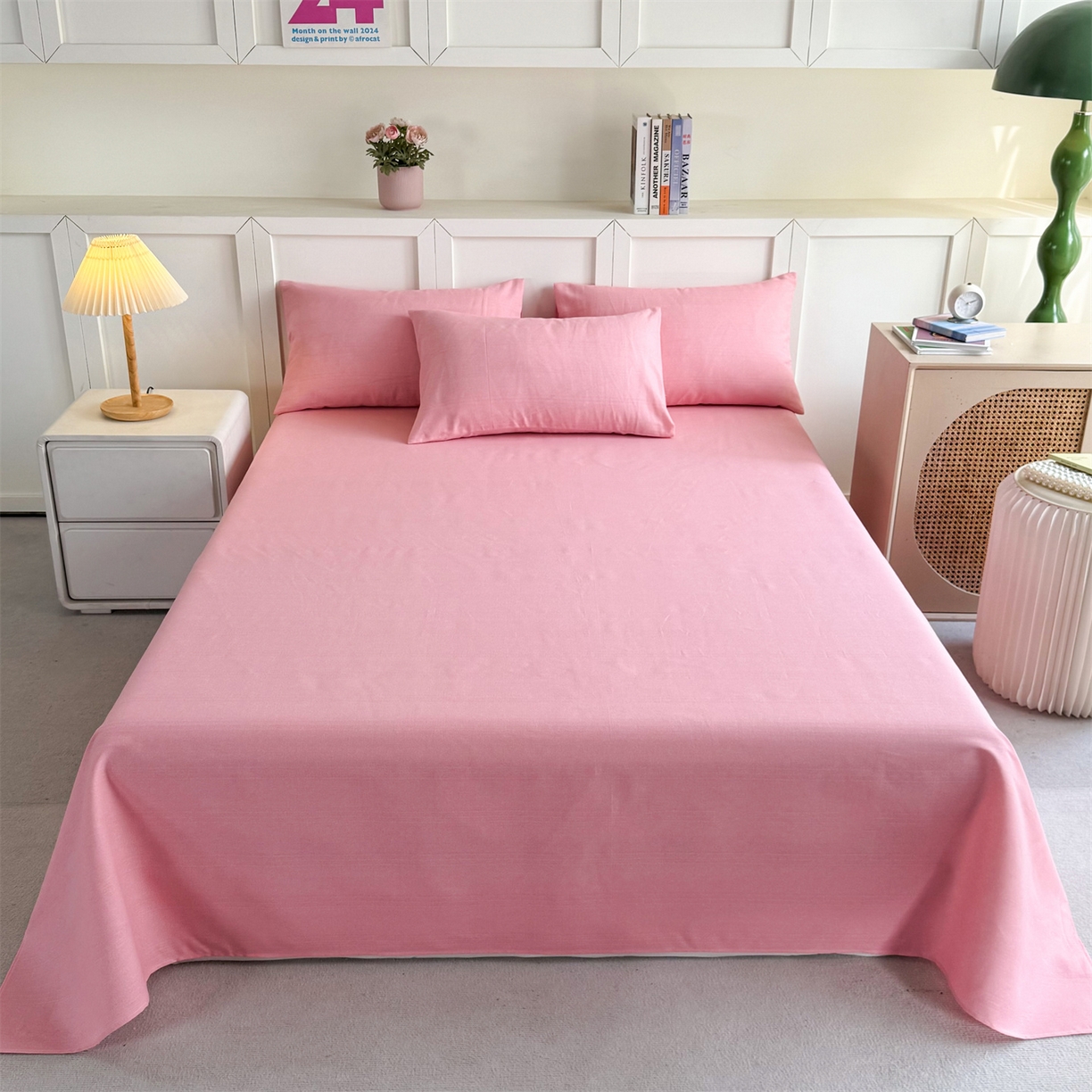 晨晨家纺 2026新款原棉老粗布床单席子凉席三件套 桃粉