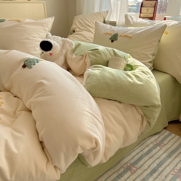 91家纺网 家纺一手货源 找家纺 慕尚家纺 2026春夏新款色织水洗棉毛巾绣四件套 圣诞树 绿