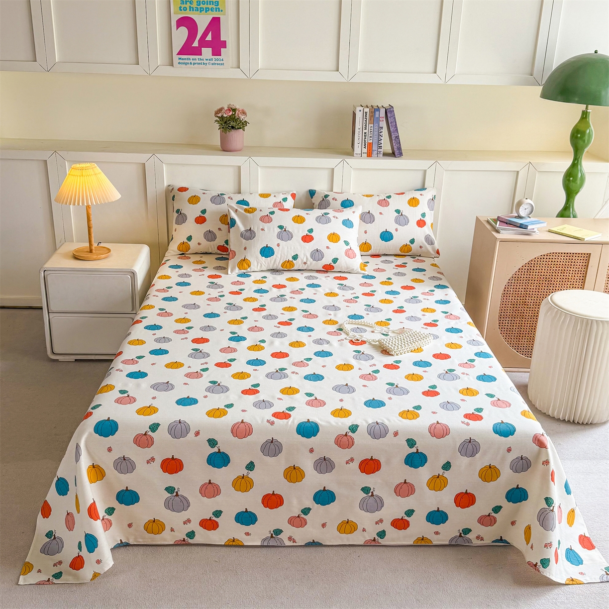 晨晨家纺 2026新款原棉老粗布床单席子凉席三件套 七彩果