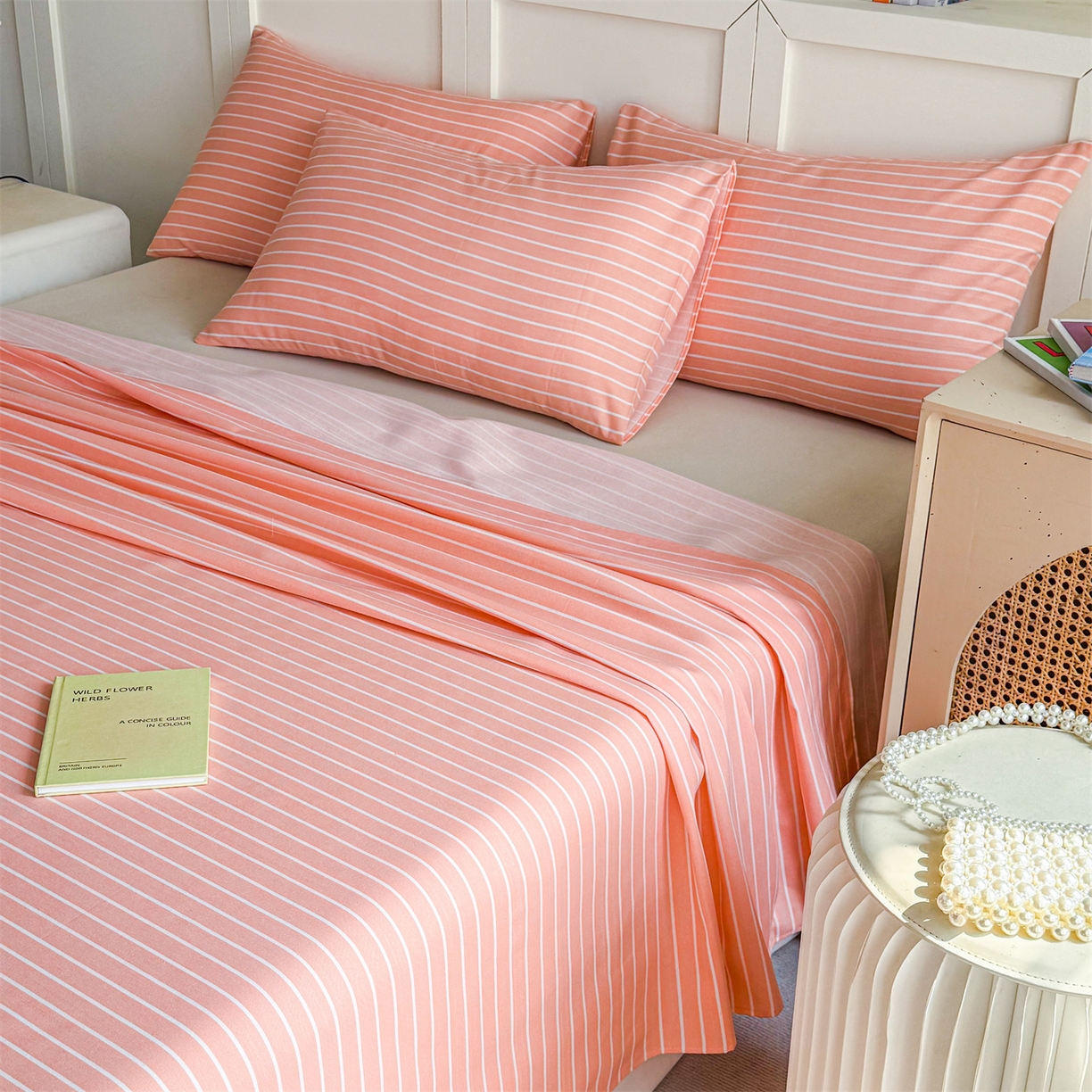 91家纺网 家纺一手货源 找家纺 晨晨家纺 2026新款原棉老粗布床单席子凉席三件套 淡雅粉