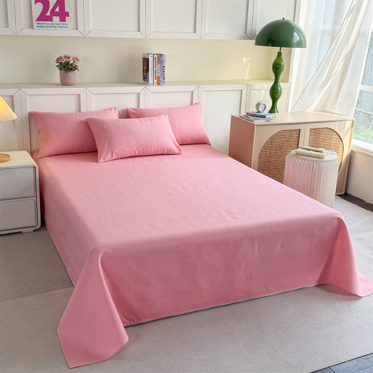 91家纺网 家纺一手货源 找家纺 晨晨家纺 2026新款原棉老粗布床单席子凉席三件套 桃粉