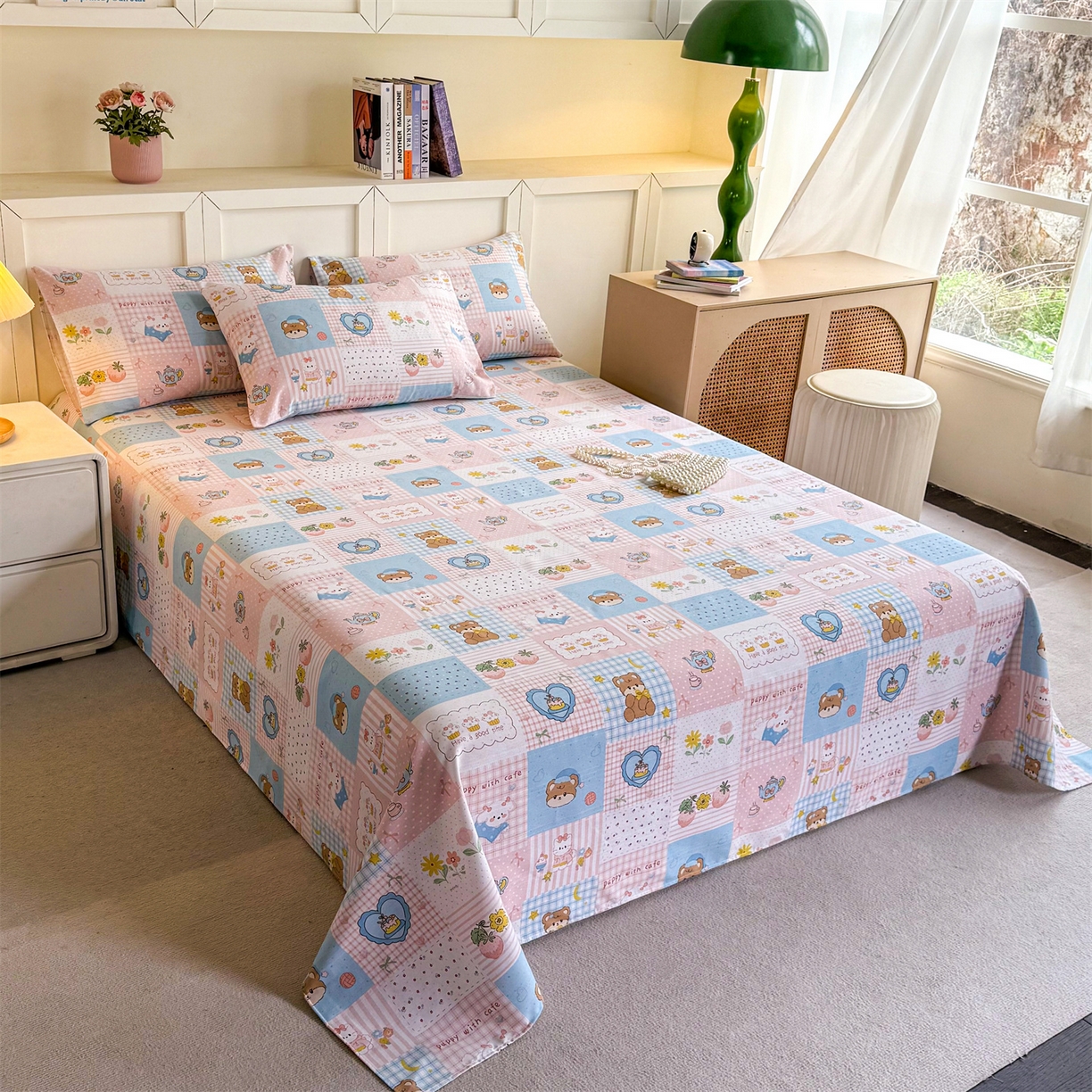 91家纺网 家纺一手货源 找家纺 晨晨家纺 2026新款原棉老粗布床单席子凉席三件套 童话世界