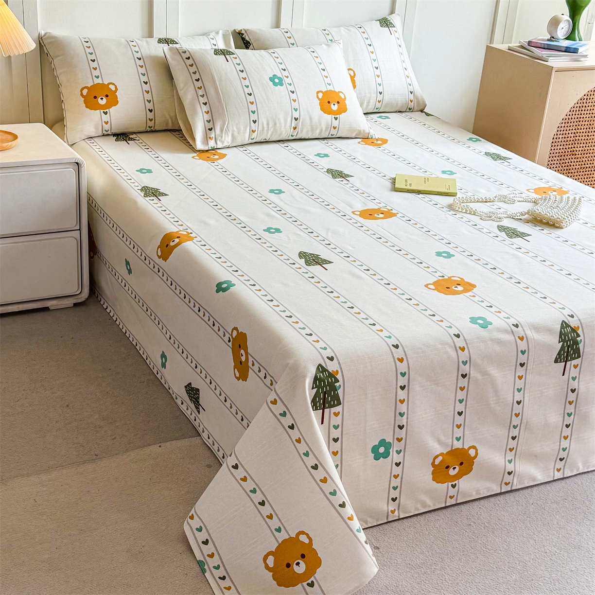 91家纺网 家纺一手货源 找家纺 晨晨家纺 2026新款原棉老粗布床单席子凉席三件套 萌宠森林