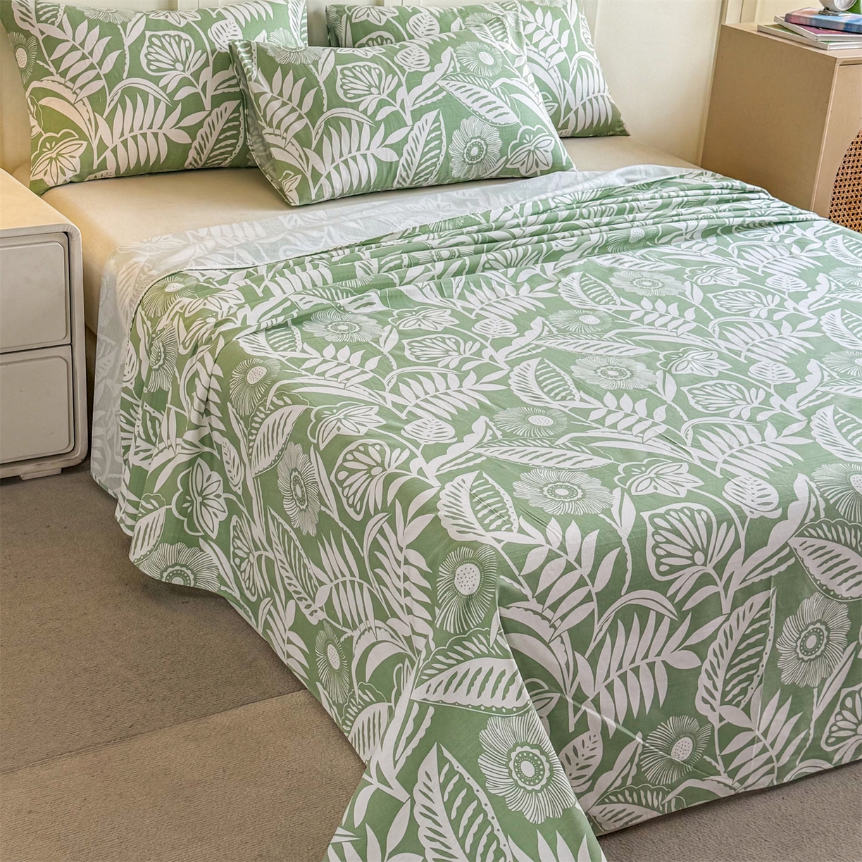 91家纺网 家纺一手货源 找家纺 晨晨家纺 2026新款原棉老粗布床单席子凉席三件套 花香情