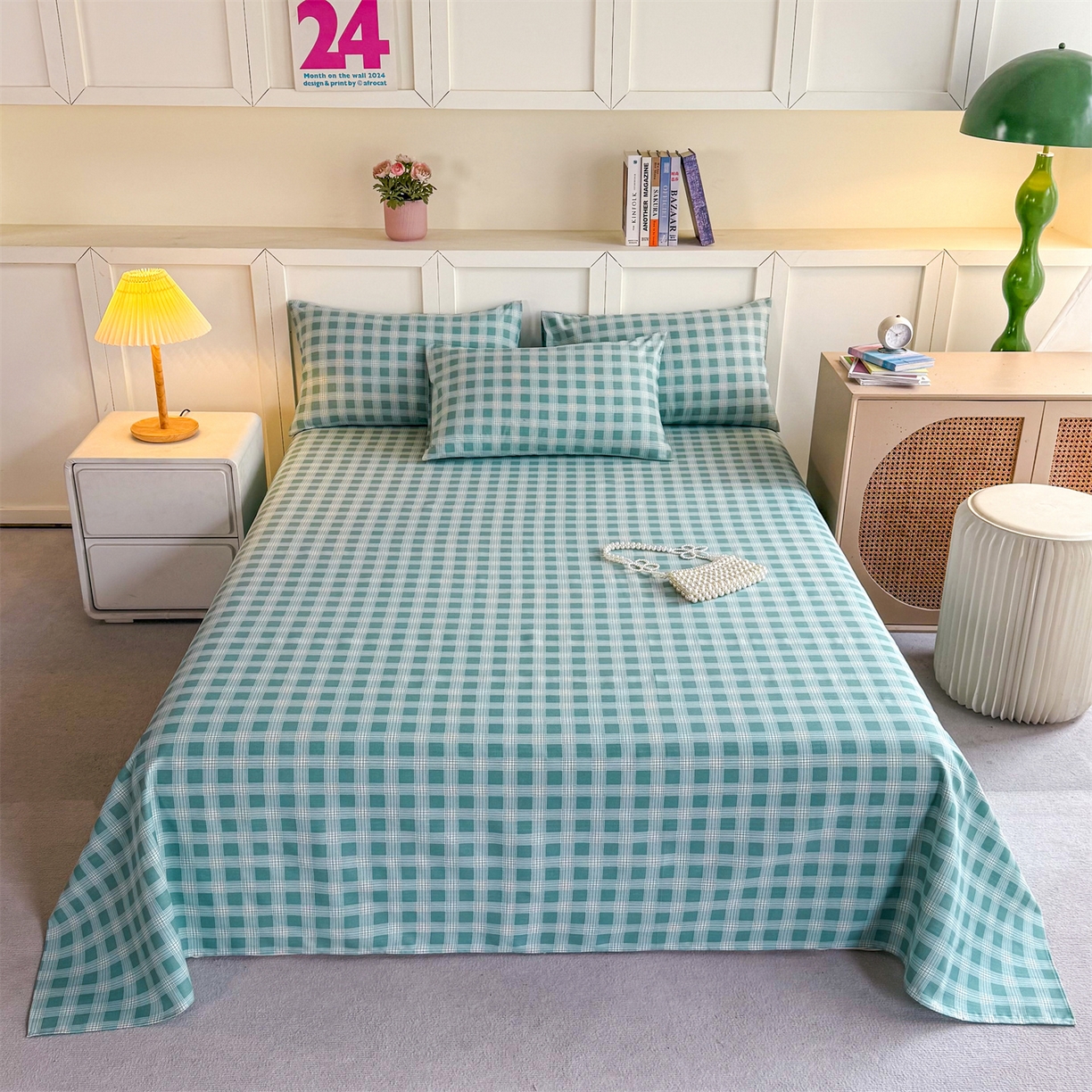 晨晨家纺 2026新款原棉老粗布床单席子凉席三件套 棋盘绿