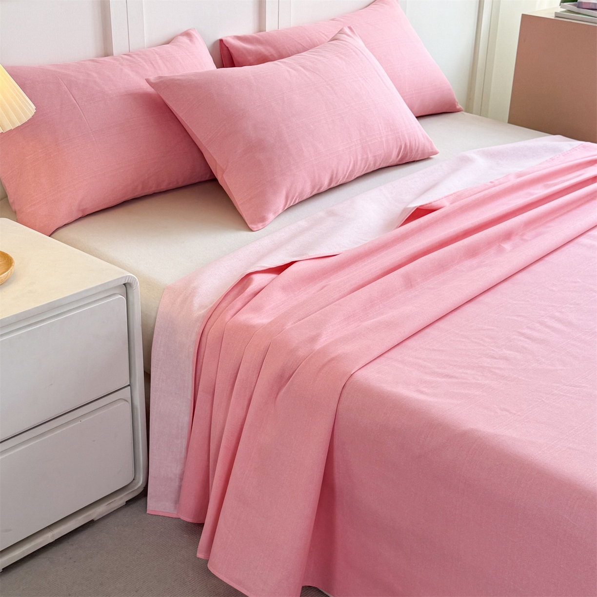 91家纺网 家纺一手货源 找家纺 晨晨家纺 2026新款原棉老粗布床单席子凉席三件套 桃粉