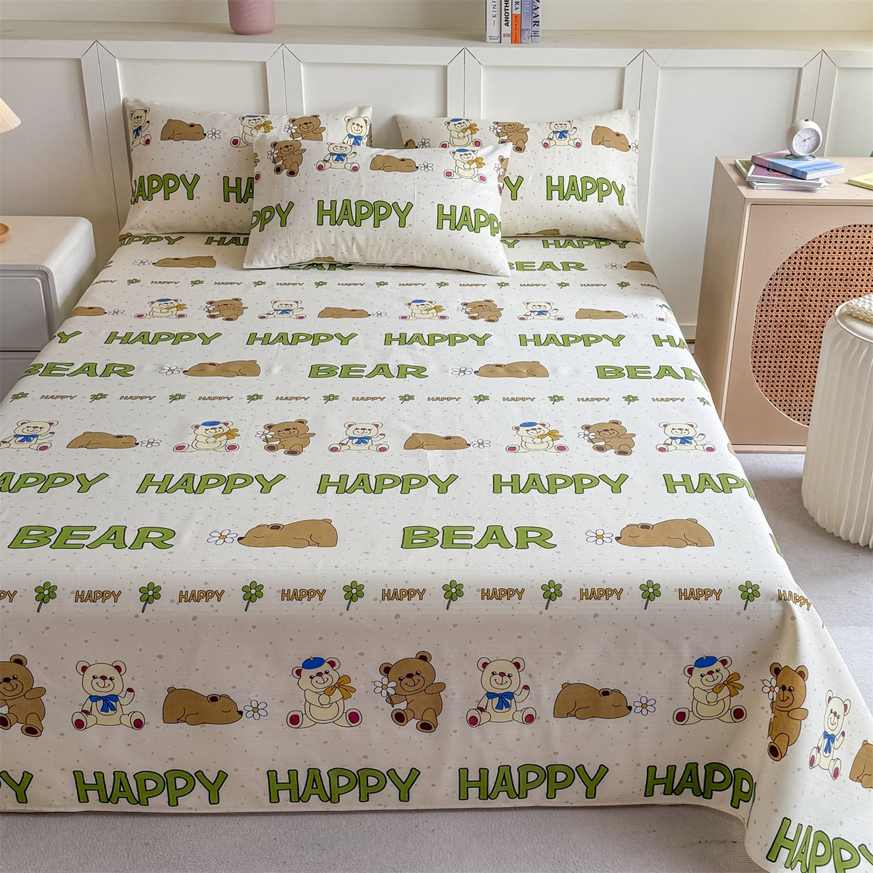 91家纺网 家纺一手货源 找家纺 晨晨家纺 2026新款原棉老粗布床单席子凉席三件套 happy熊