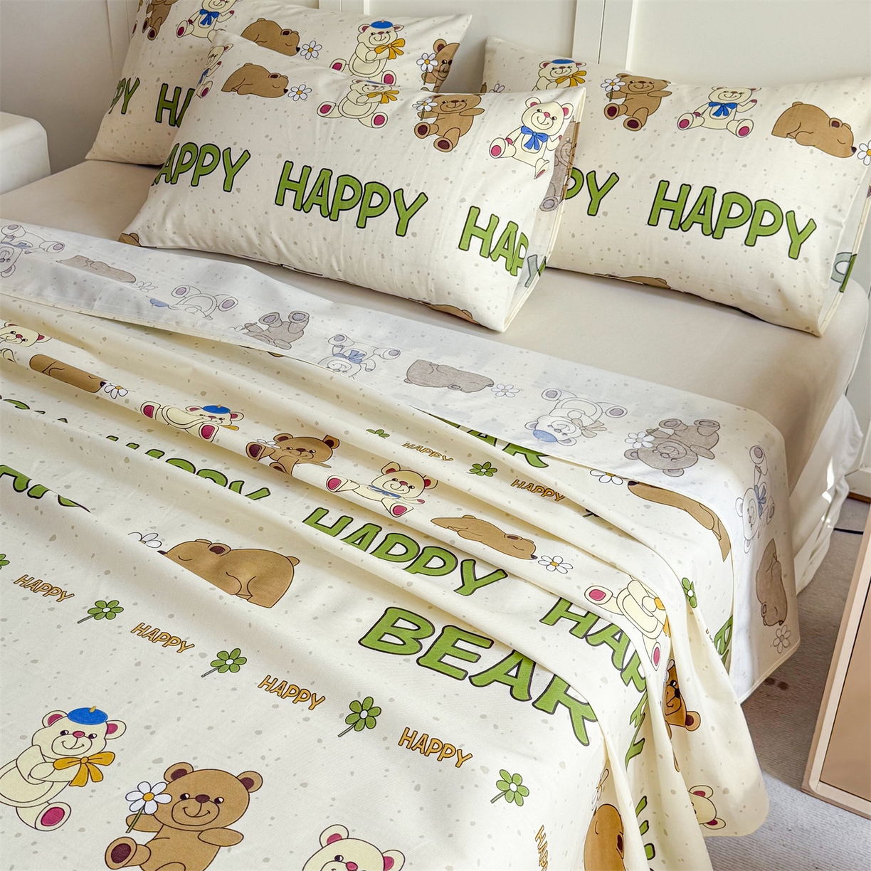 91家纺网 家纺一手货源 找家纺 晨晨家纺 2026新款原棉老粗布床单席子凉席三件套 happy熊