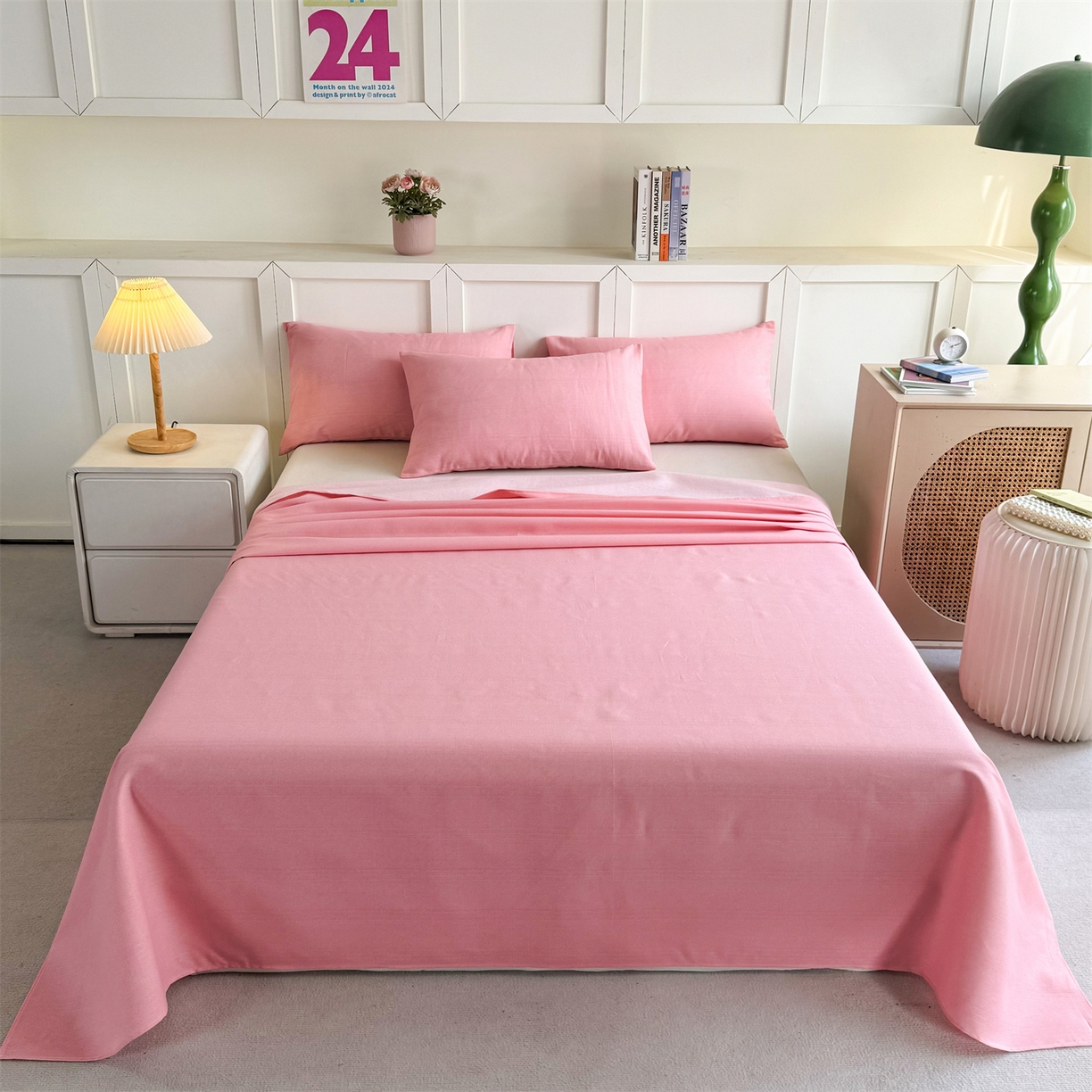 91家纺网 家纺一手货源 找家纺 晨晨家纺 2026新款原棉老粗布床单席子凉席三件套 桃粉