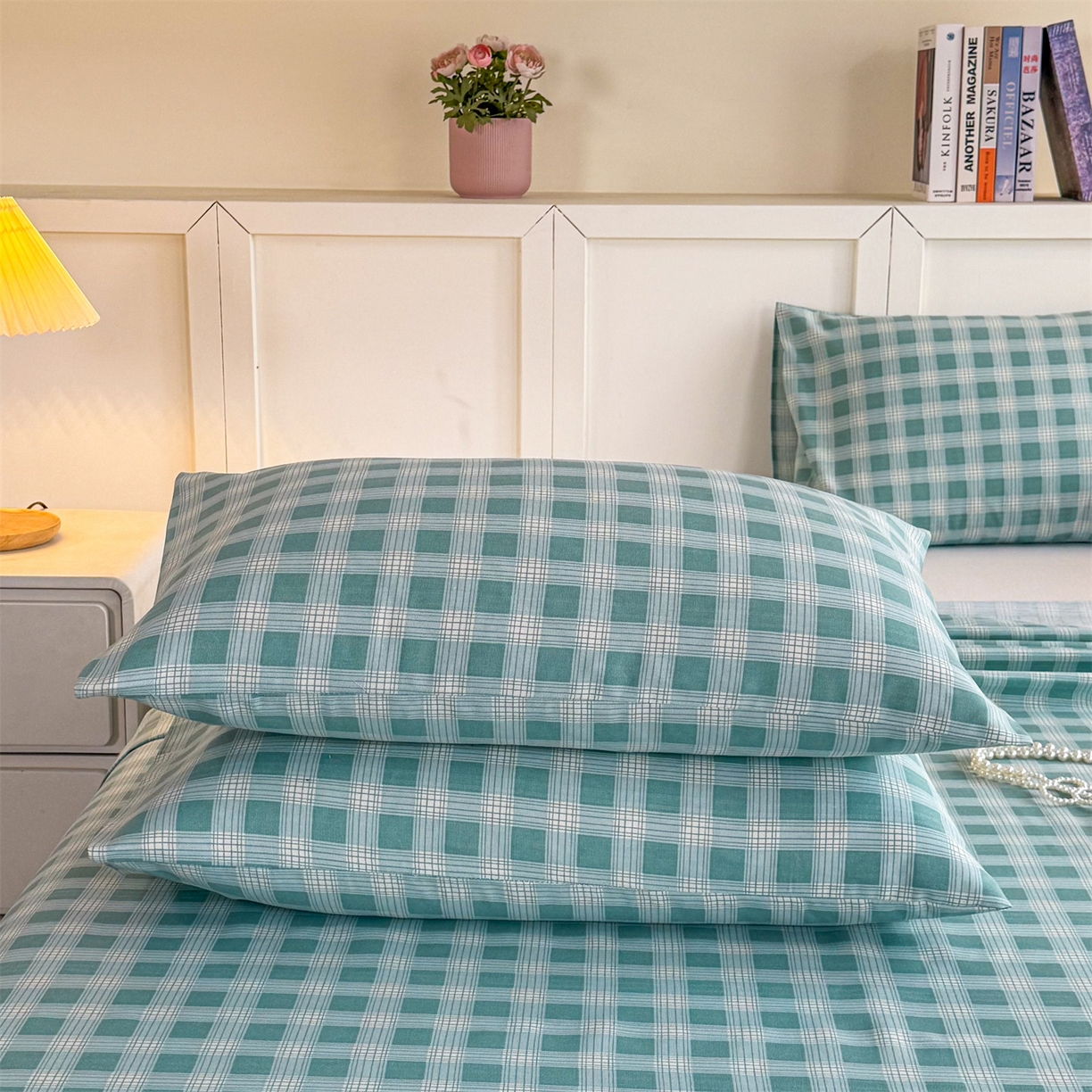 91家纺网 家纺一手货源 找家纺 晨晨家纺 2026新款原棉老粗布床单席子凉席三件套 棋盘绿