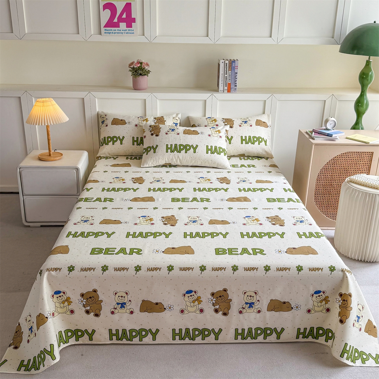 晨晨家纺 2026新款原棉老粗布床单席子凉席三件套 happy熊