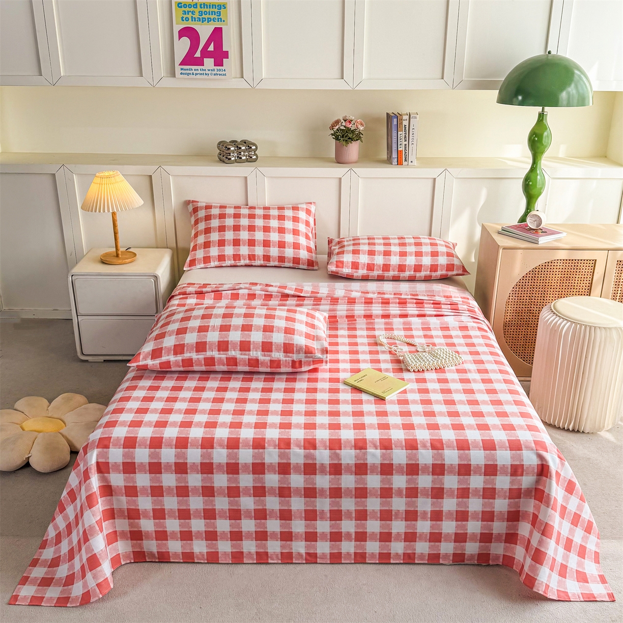 91家纺网 家纺一手货源 找家纺 晨晨家纺 2026新款原棉老粗布床单席子凉席三件套 千鸟粉