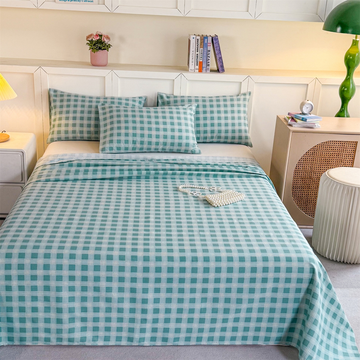 91家纺网 家纺一手货源 找家纺 晨晨家纺 2026新款原棉老粗布床单席子凉席三件套 棋盘绿