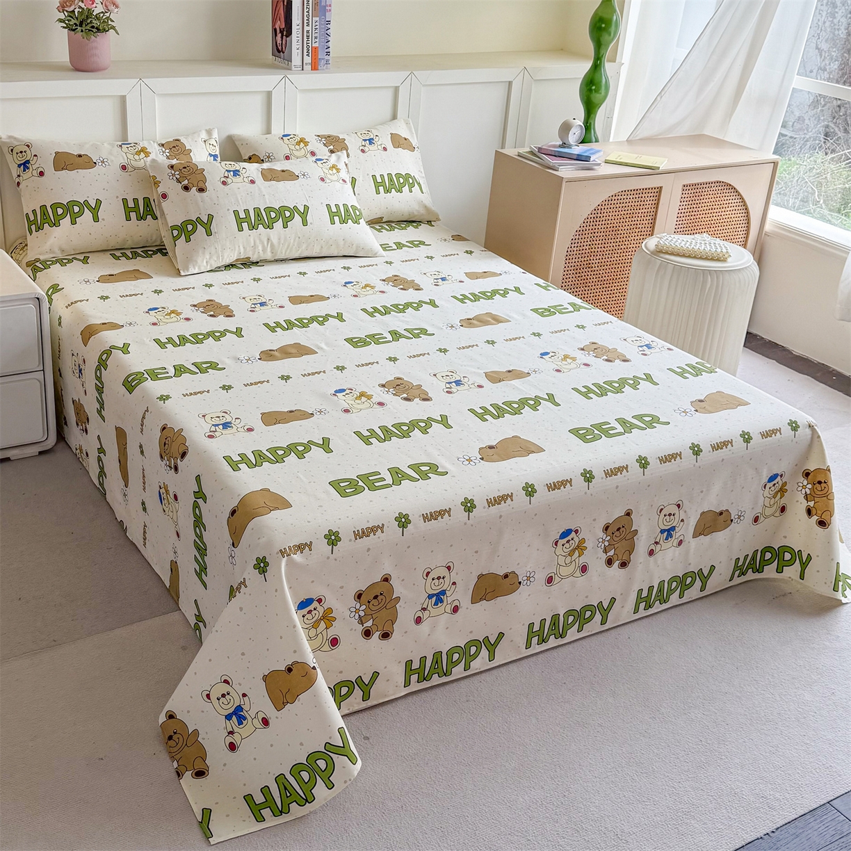 91家纺网 家纺一手货源 找家纺 晨晨家纺 2026新款原棉老粗布床单席子凉席三件套 happy熊