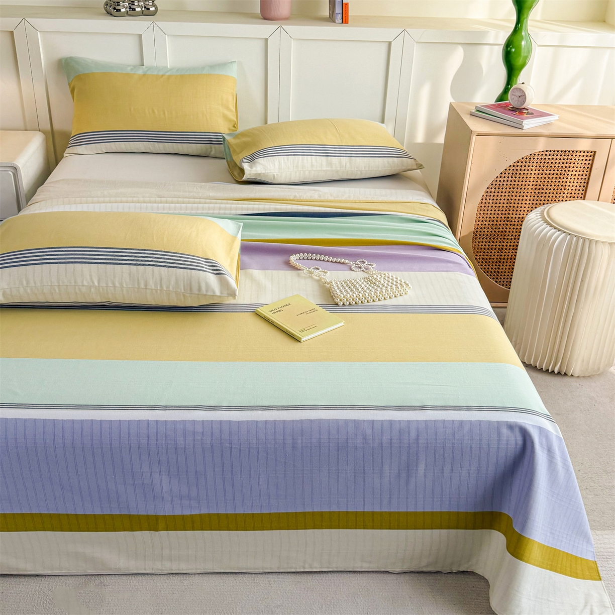 91家纺网 家纺一手货源 找家纺 晨晨家纺 2026新款原棉老粗布床单席子凉席三件套 条格时代