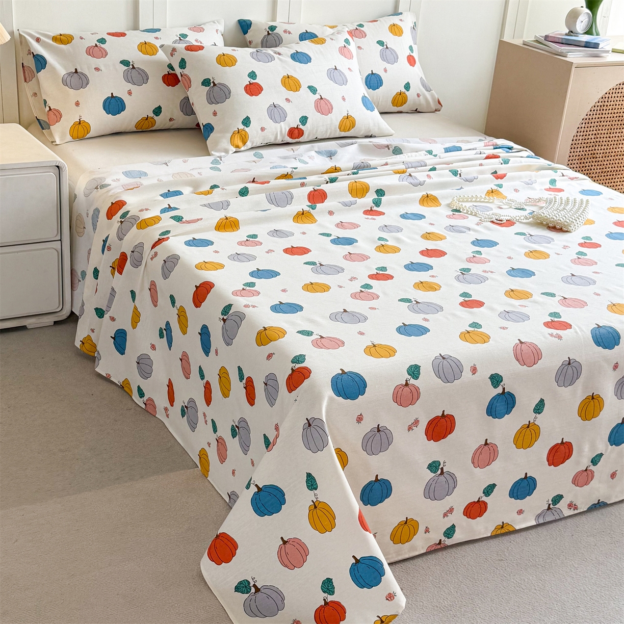 91家纺网 家纺一手货源 找家纺 晨晨家纺 2026新款原棉老粗布床单席子凉席三件套 七彩果