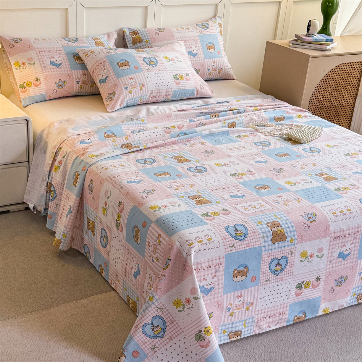 91家纺网 家纺一手货源 找家纺 晨晨家纺 2026新款原棉老粗布床单席子凉席三件套 童话世界