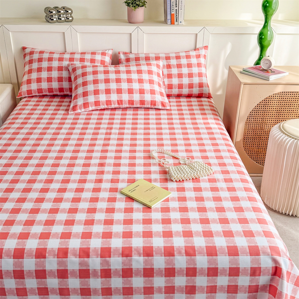 91家纺网 家纺一手货源 找家纺 晨晨家纺 2026新款原棉老粗布床单席子凉席三件套 千鸟粉