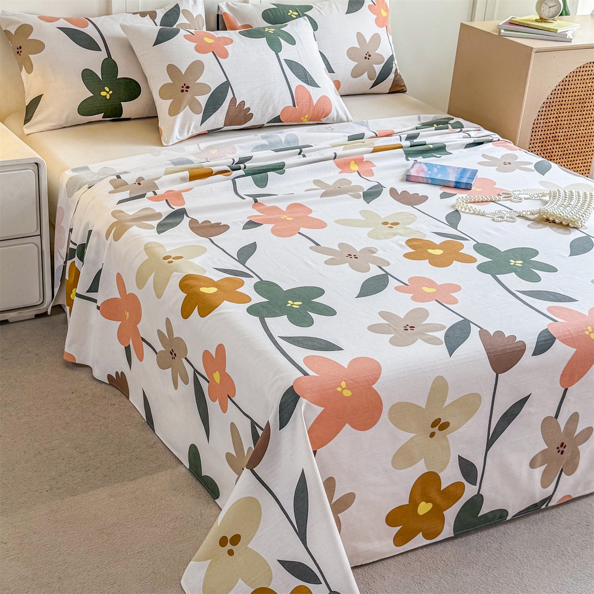 91家纺网 家纺一手货源 找家纺 晨晨家纺 2026新款原棉老粗布床单席子凉席三件套 水墨