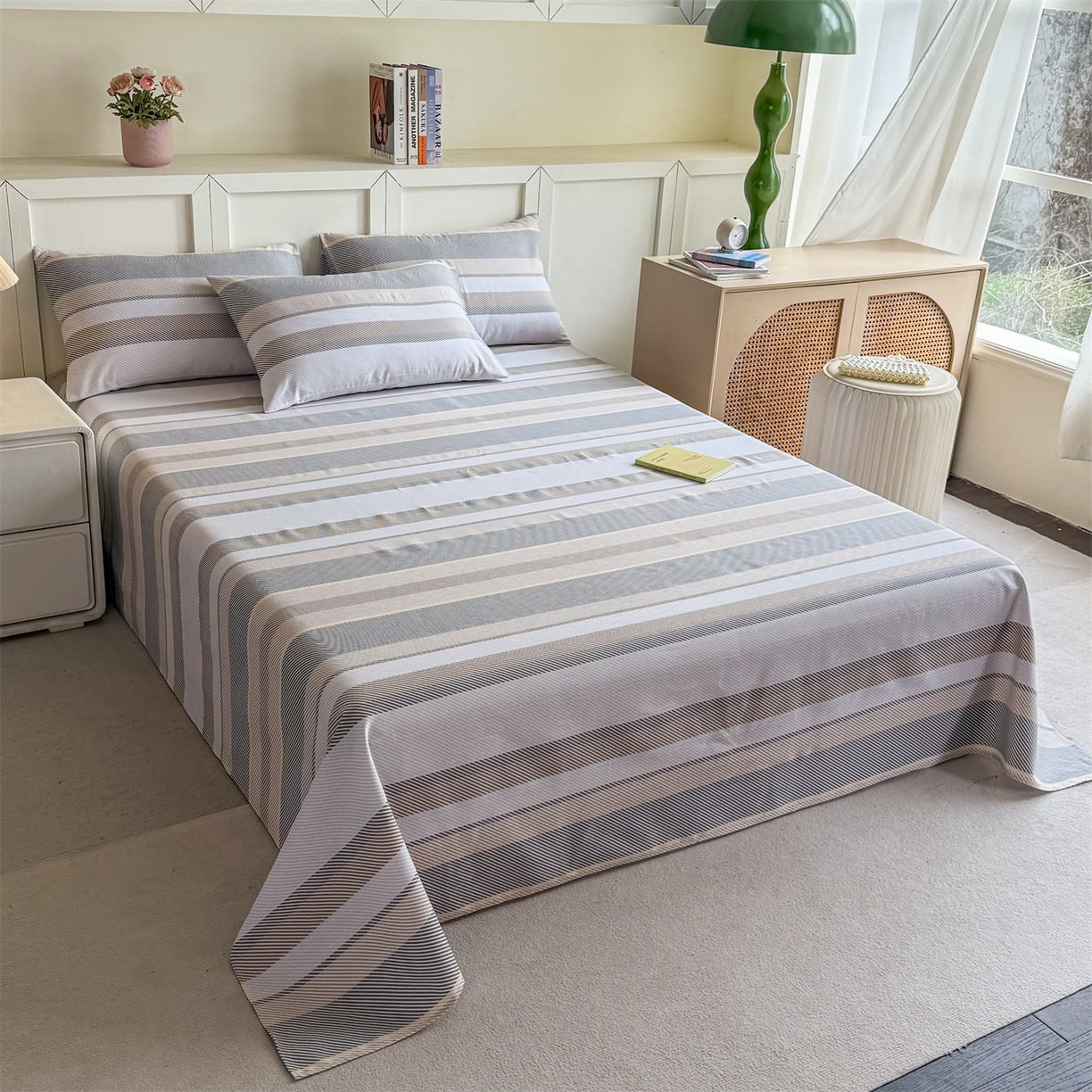 91家纺网 家纺一手货源 找家纺 晨晨家纺 2026新款原棉老粗布床单席子凉席三件套 夕阳咖