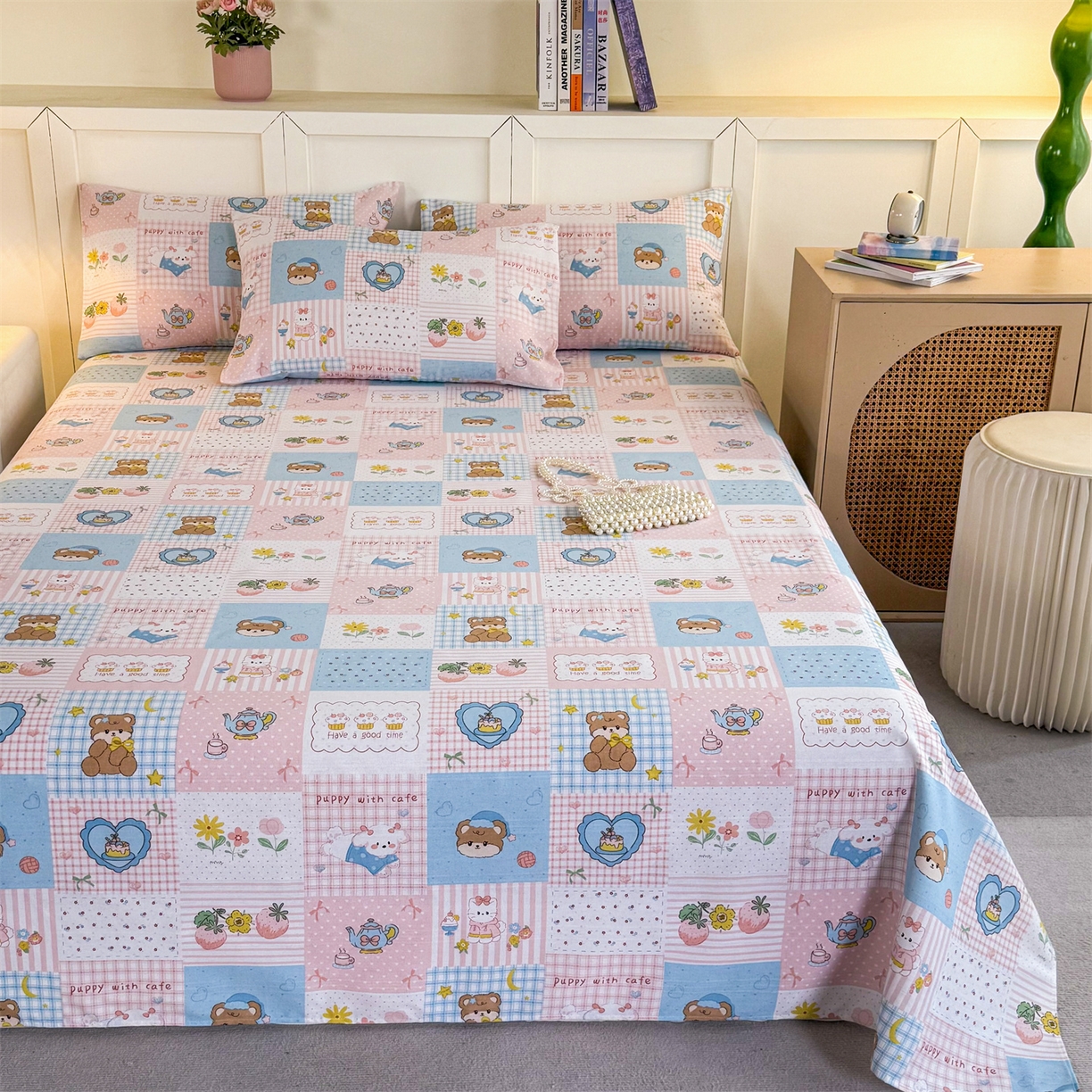 91家纺网 家纺一手货源 找家纺 晨晨家纺 2026新款原棉老粗布床单席子凉席三件套 童话世界