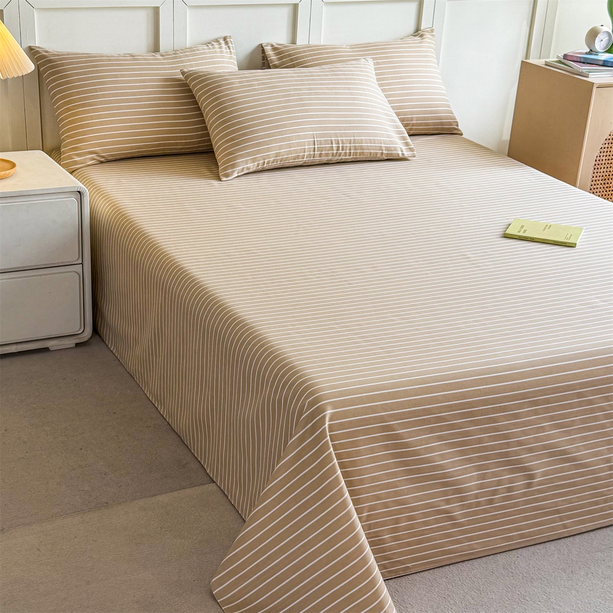 91家纺网 家纺一手货源 找家纺 晨晨家纺 2026新款原棉老粗布床单席子凉席三件套 淡雅咖