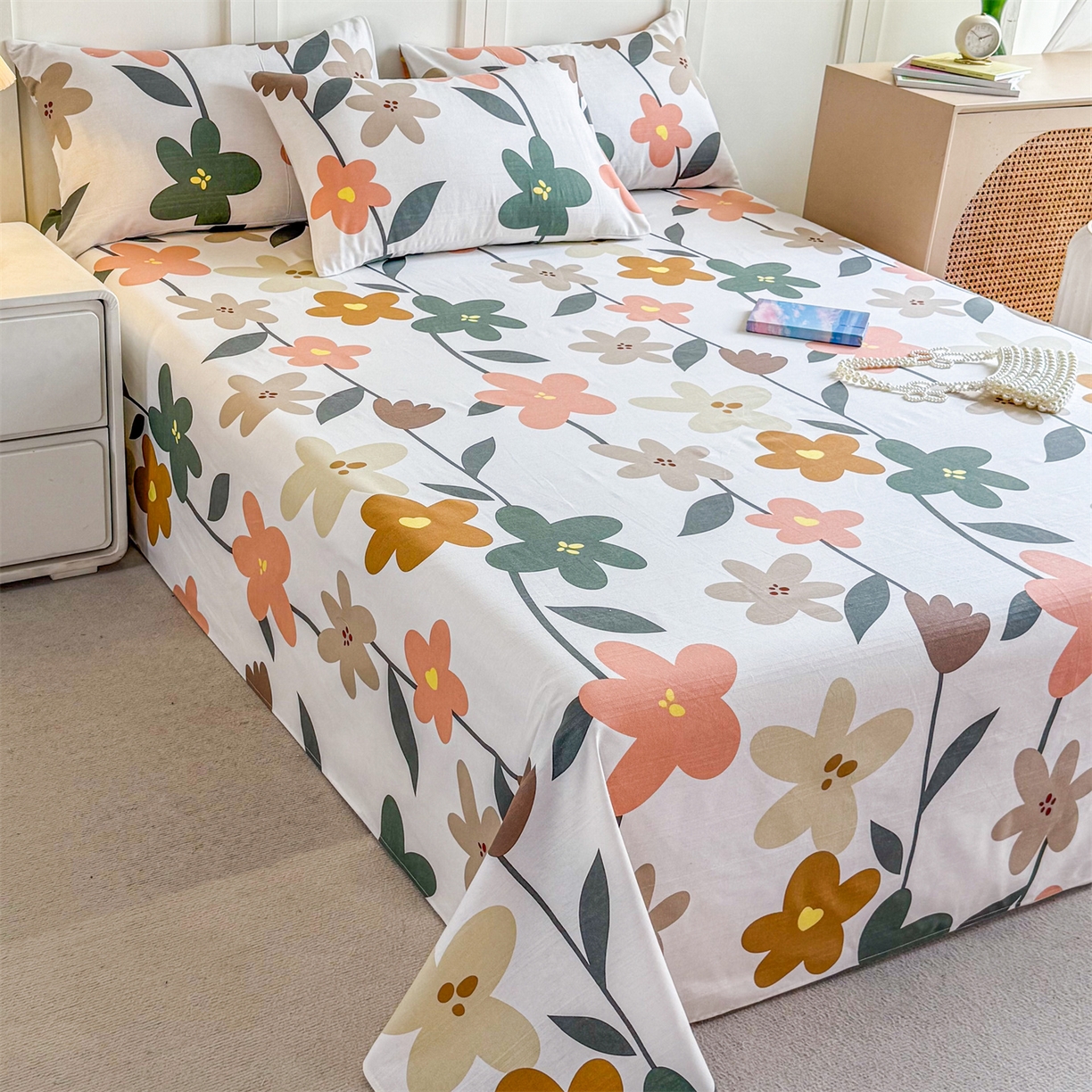 91家纺网 家纺一手货源 找家纺 晨晨家纺 2026新款原棉老粗布床单席子凉席三件套 水墨