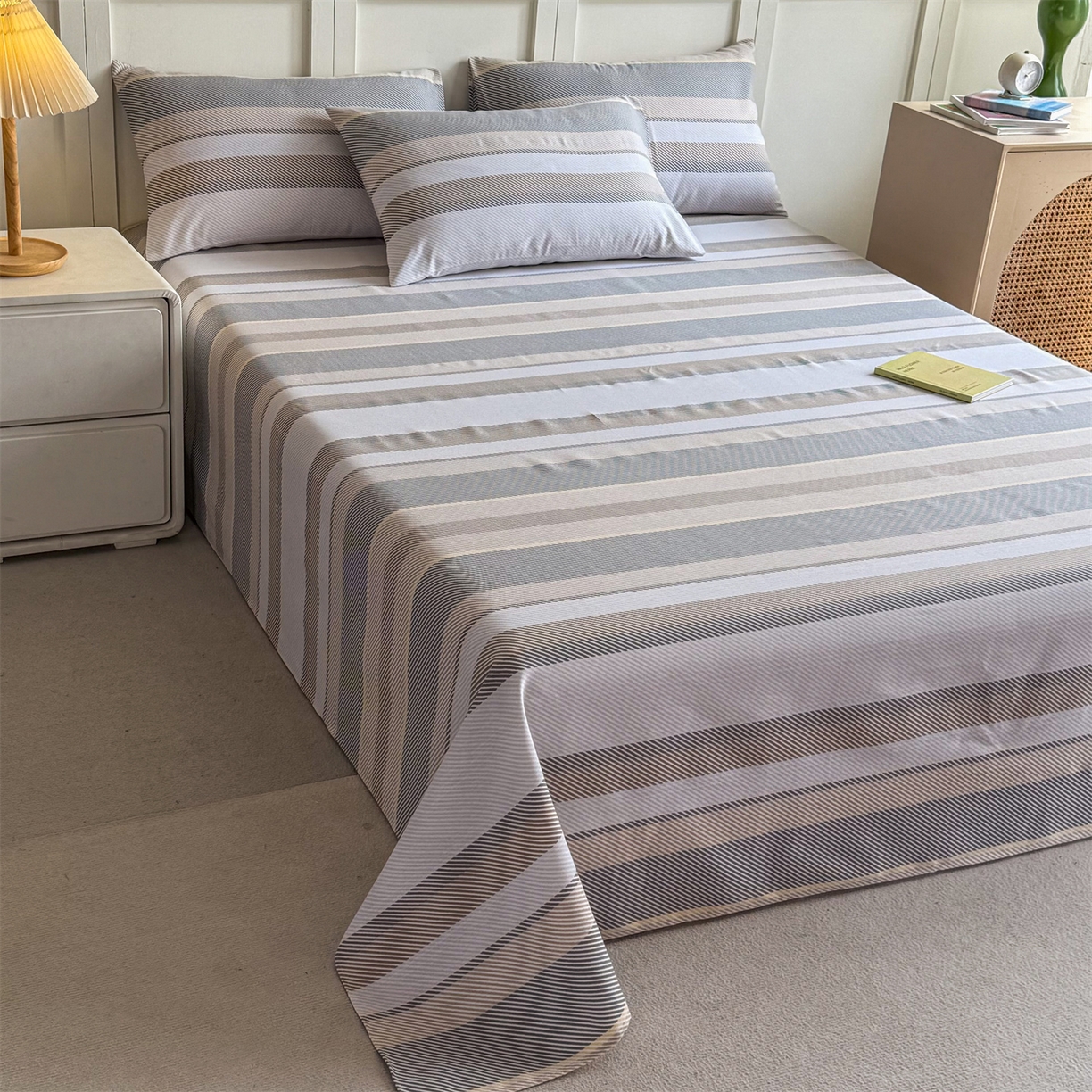 91家纺网 家纺一手货源 找家纺 晨晨家纺 2026新款原棉老粗布床单席子凉席三件套 夕阳咖