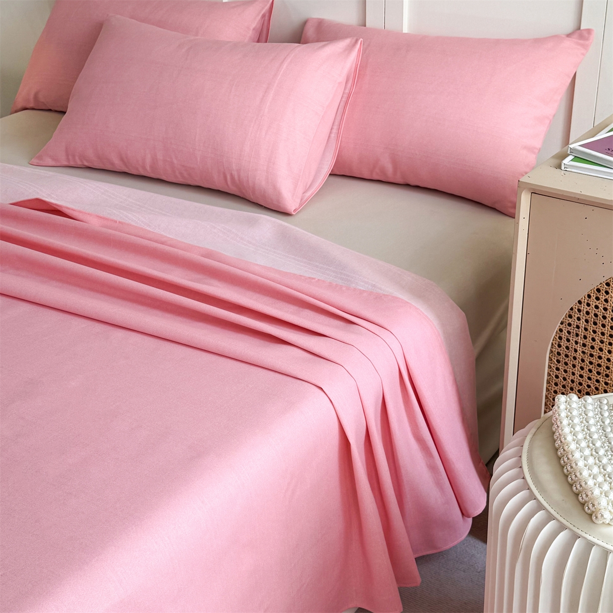 91家纺网 家纺一手货源 找家纺 晨晨家纺 2026新款原棉老粗布床单席子凉席三件套 桃粉