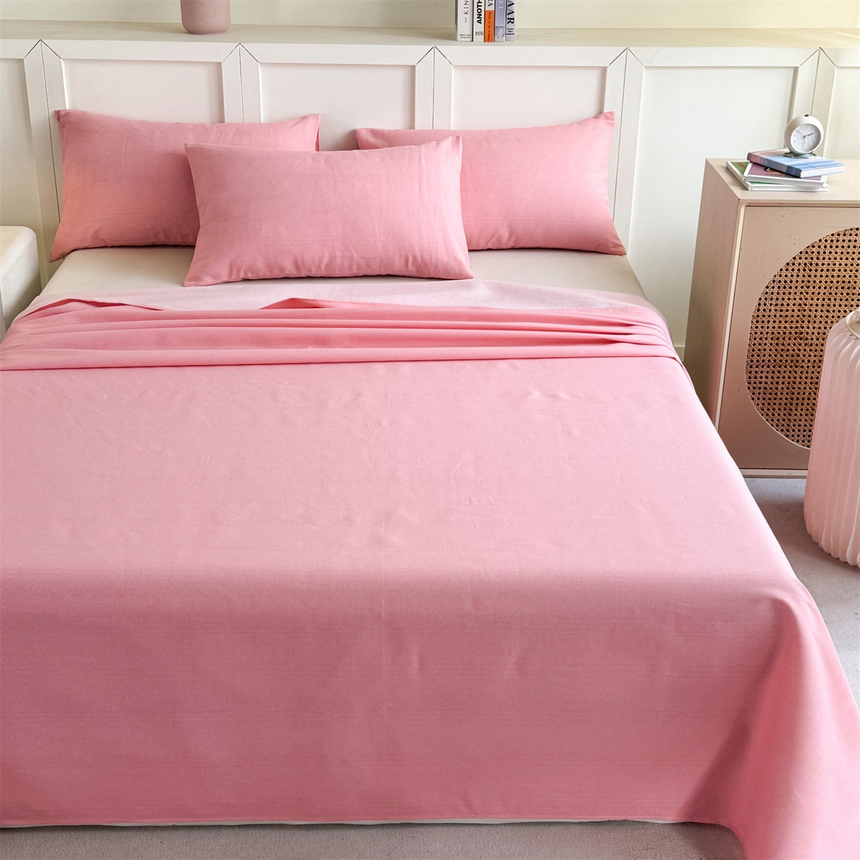 91家纺网 家纺一手货源 找家纺 晨晨家纺 2026新款原棉老粗布床单席子凉席三件套 桃粉