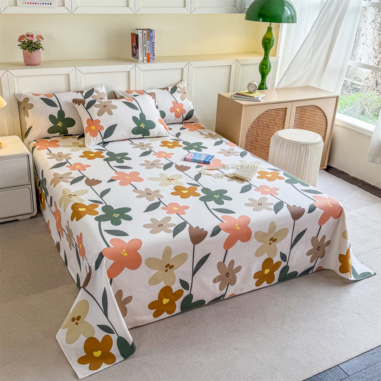 91家纺网 家纺一手货源 找家纺 晨晨家纺 2026新款原棉老粗布床单席子凉席三件套 水墨