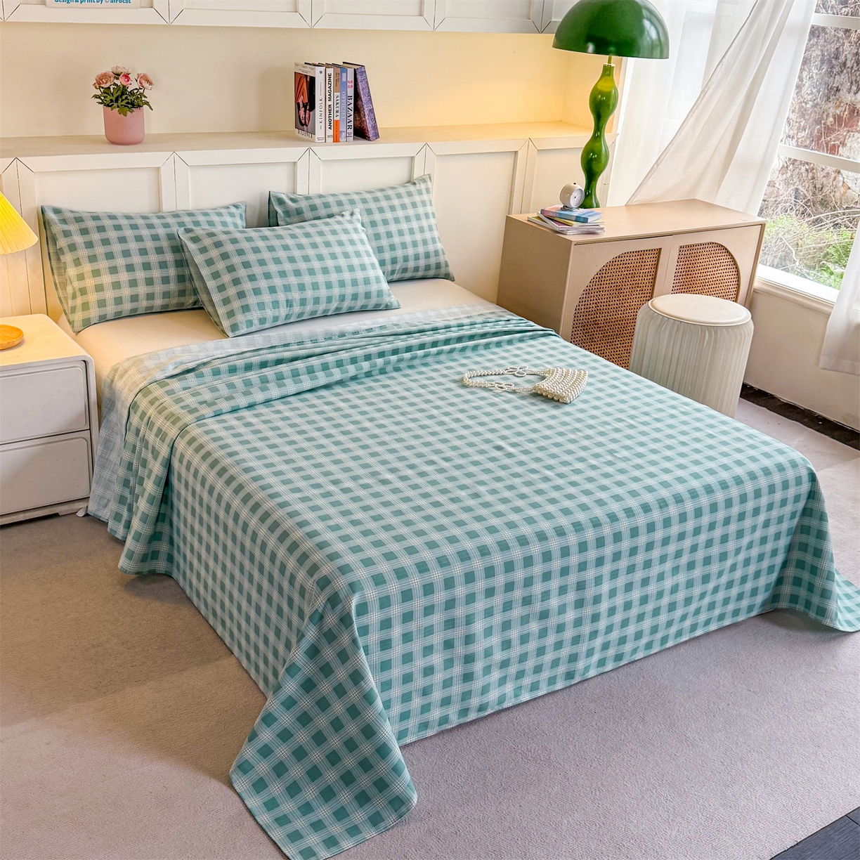 91家纺网 家纺一手货源 找家纺 晨晨家纺 2026新款原棉老粗布床单席子凉席三件套 棋盘绿