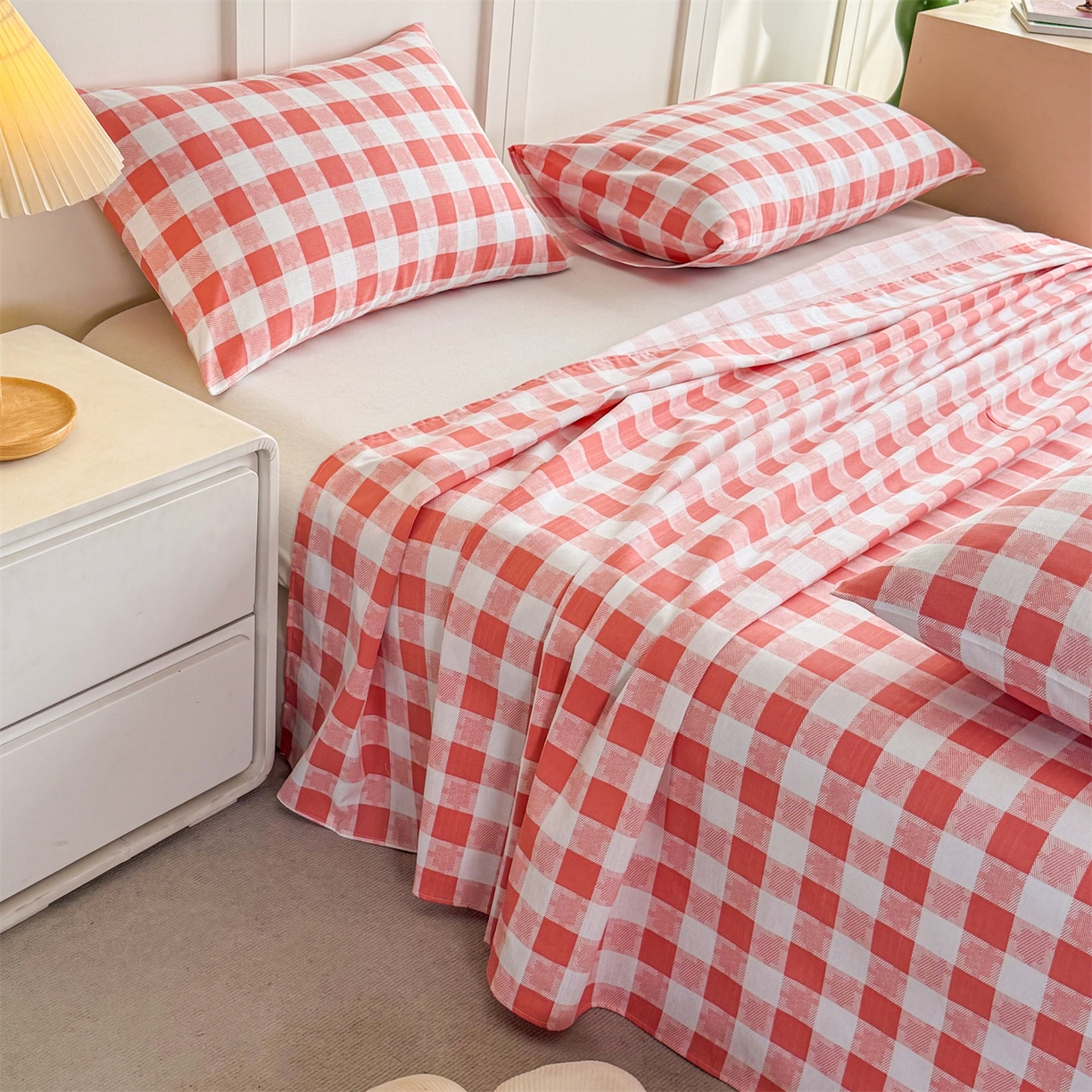 91家纺网 家纺一手货源 找家纺 晨晨家纺 2026新款原棉老粗布床单席子凉席三件套 千鸟粉