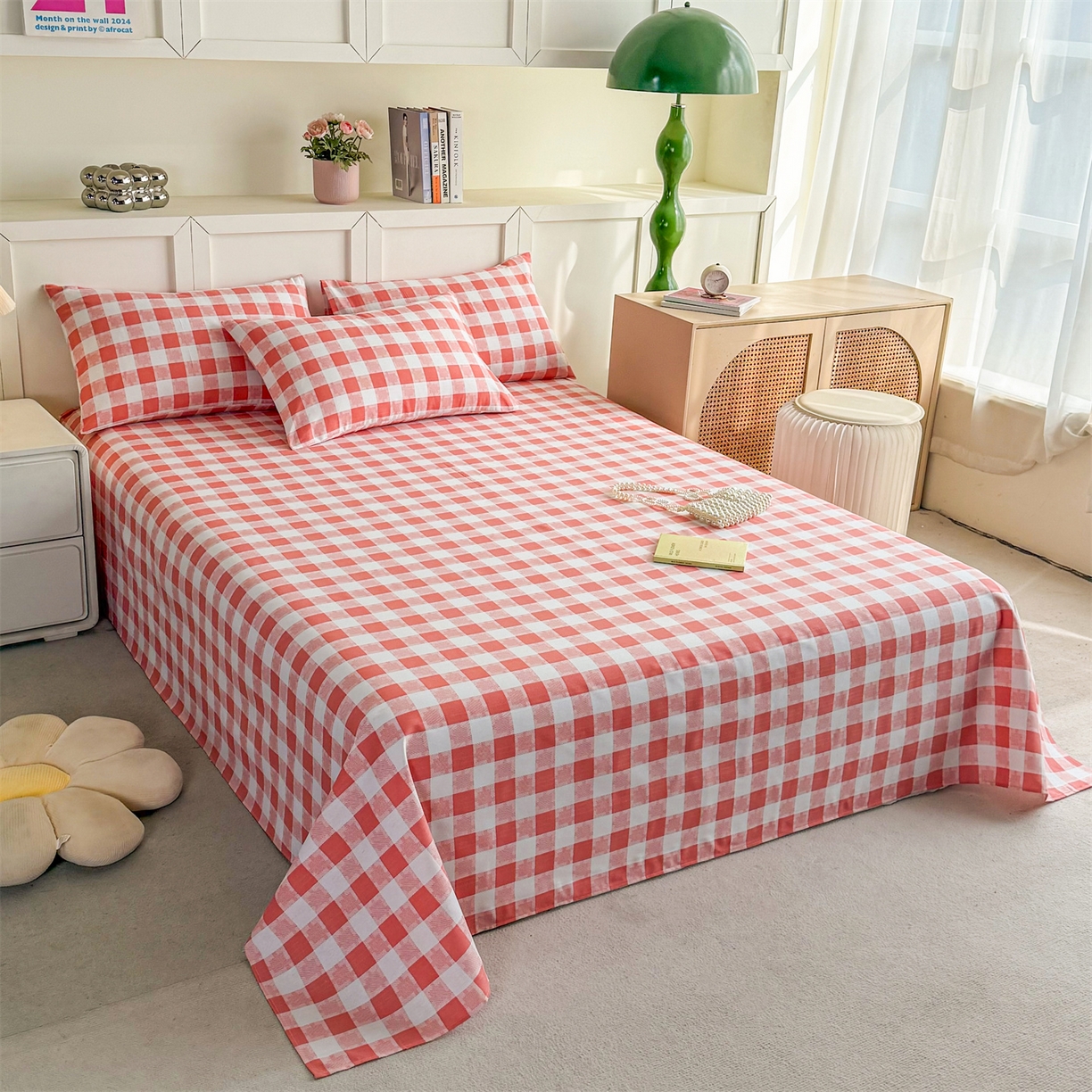 91家纺网 家纺一手货源 找家纺 晨晨家纺 2026新款原棉老粗布床单席子凉席三件套 千鸟粉