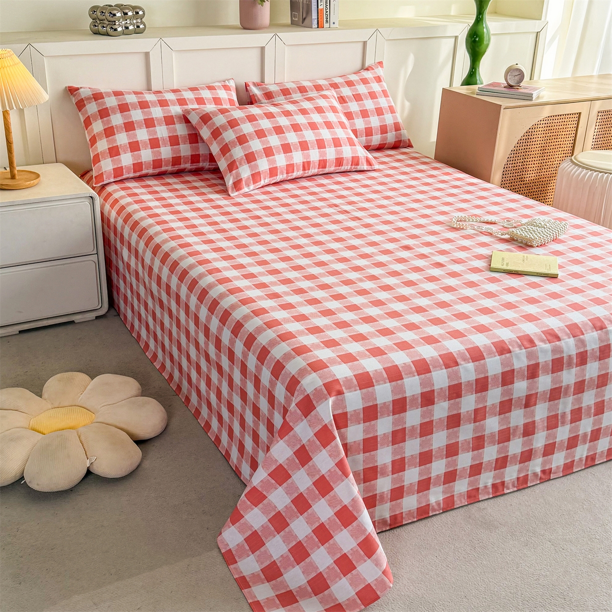 91家纺网 家纺一手货源 找家纺 晨晨家纺 2026新款原棉老粗布床单席子凉席三件套 千鸟粉