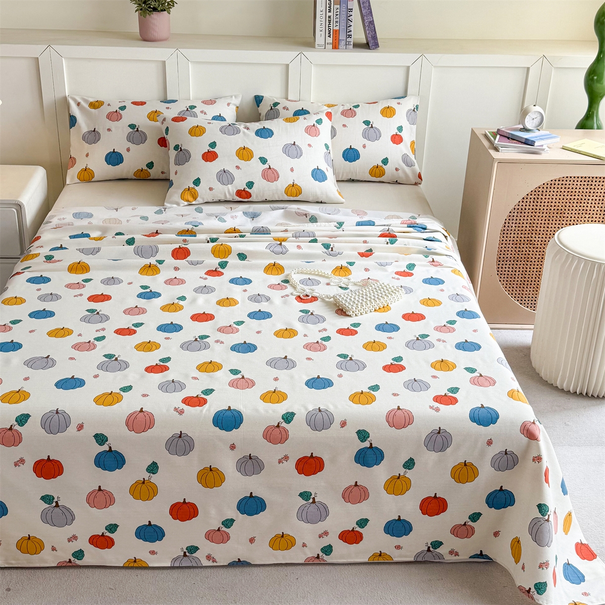 91家纺网 家纺一手货源 找家纺 晨晨家纺 2026新款原棉老粗布床单席子凉席三件套 七彩果